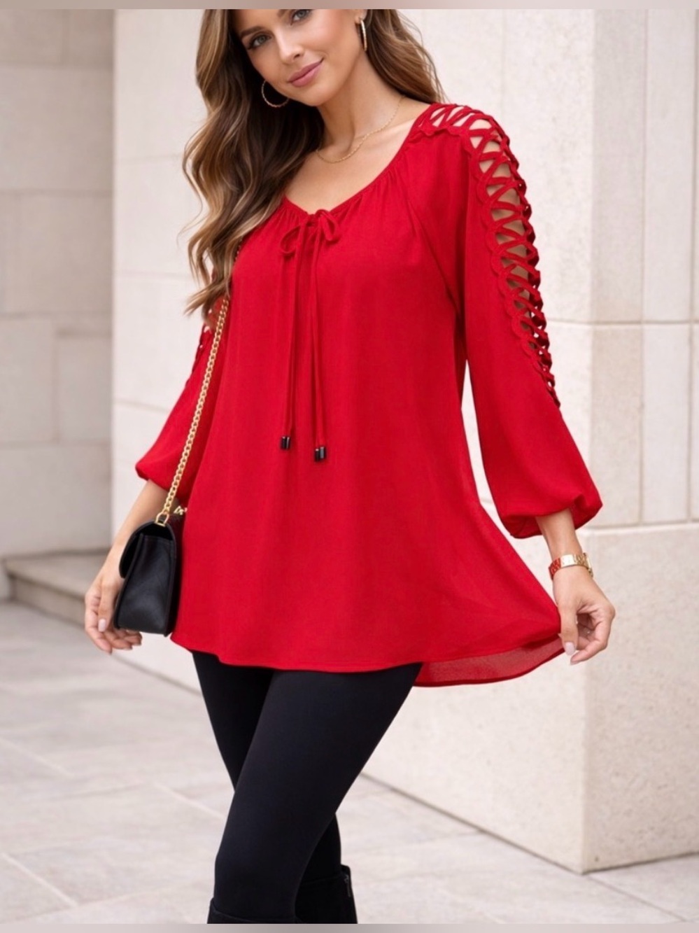 New Directions Red Cutout Sleeve Blouse XL Lattice Shoulder 3/4 Sleeve NWOT